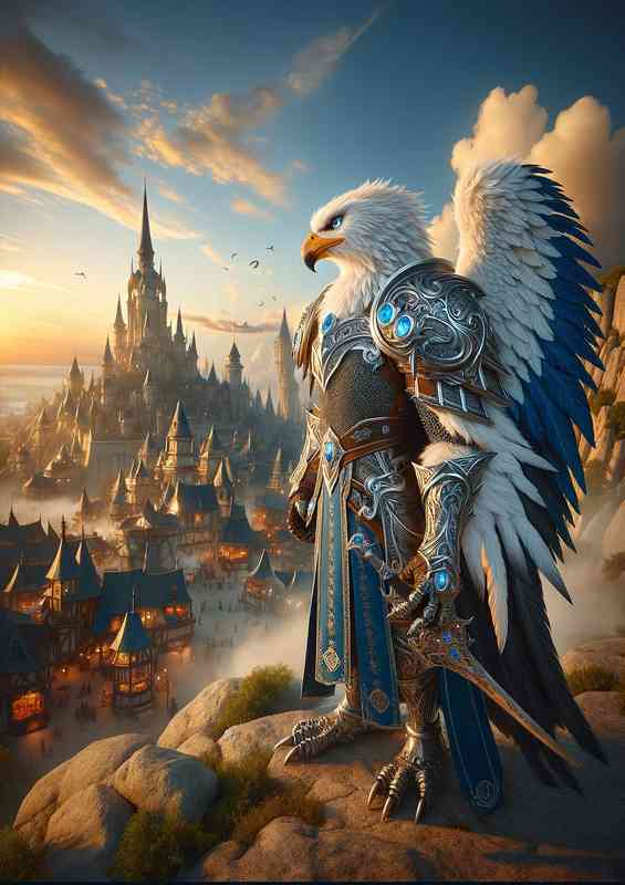 A majestic Eagle warrior stands on a rocky outcrop