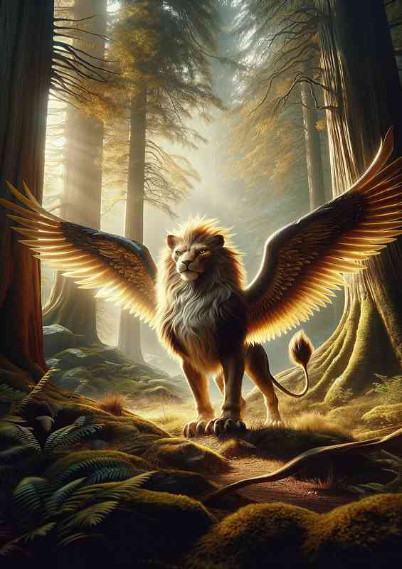A majestic griffin standing in an ancient forest