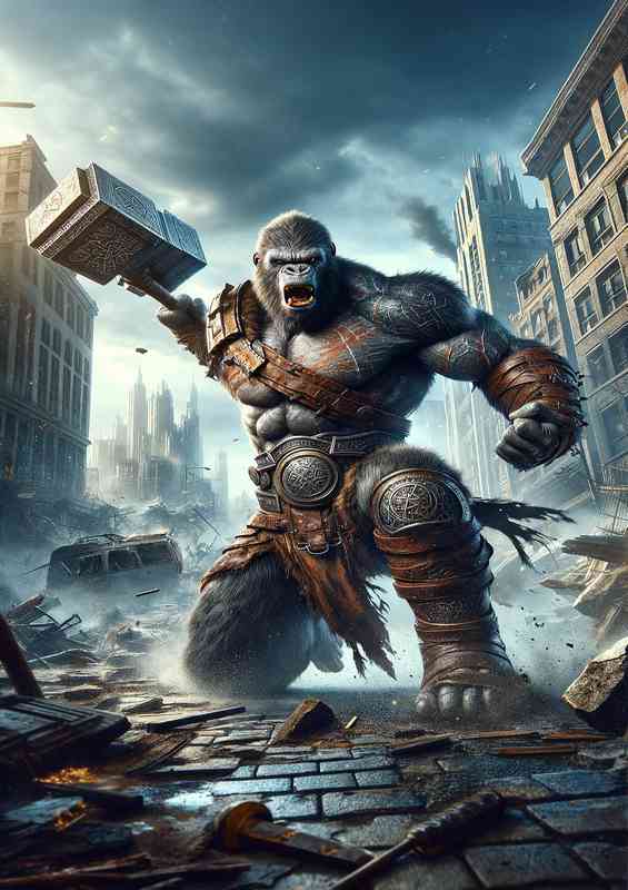 Animal in a dynamic action scene Envision a powerful gorilla
