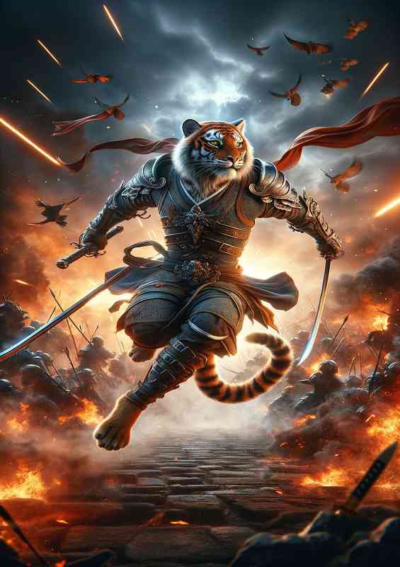 Animal in dynamic action Envision a powerful tiger in battle