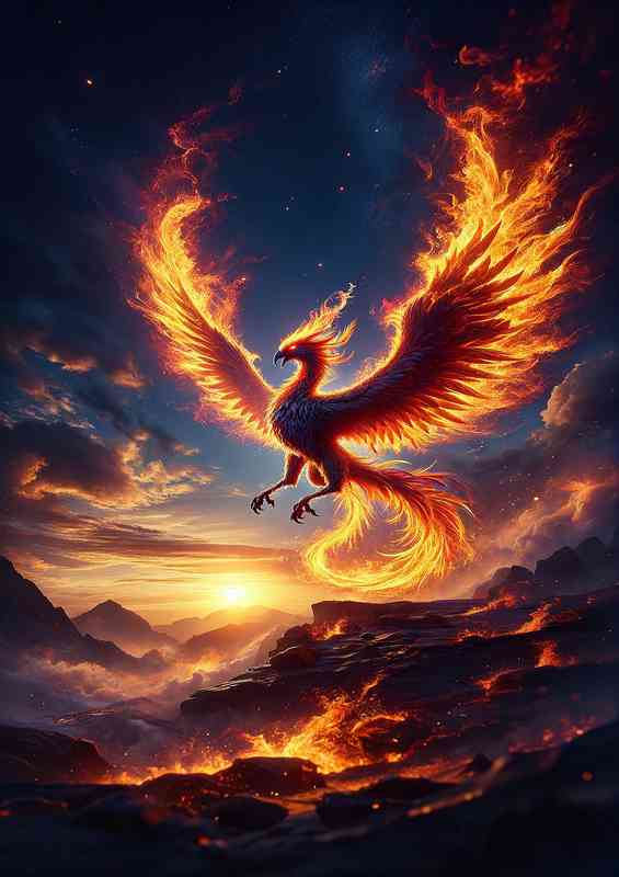 Anthropomorphic warrior animal majestic phoenix with flames