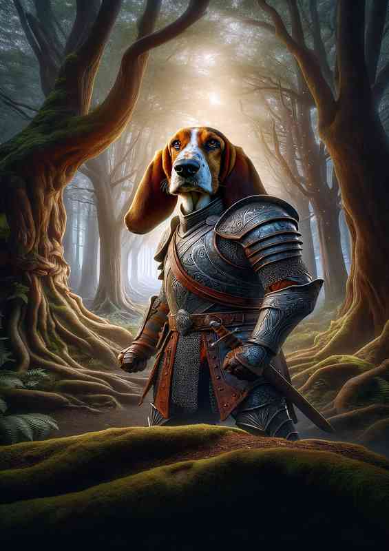 Basset hound warrior standing with valor