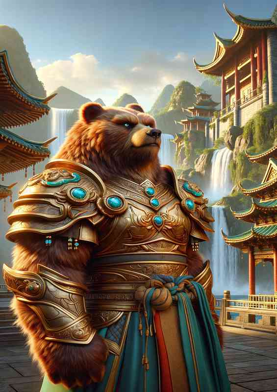Bear warrior exuding a commanding presence in a serene mountain temple