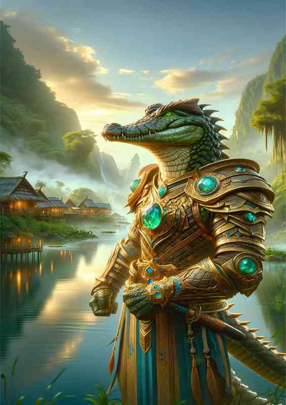 Crocodile warrior standing valiantly in a mystical village