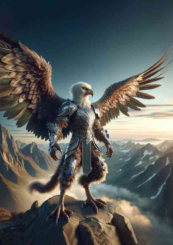 Eagle warrior on a mountain in shimmering silver armor