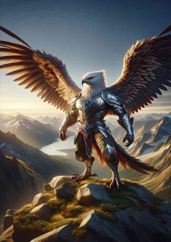 Eagle warrior standing vigilant on a mountain peak