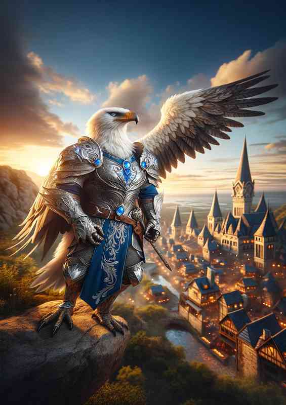 Eagle warrior stands overlooking a medieval fantasy
