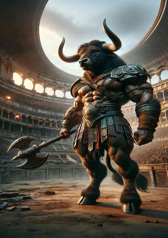 Envision a formidable Minotaur a creature with the body amour