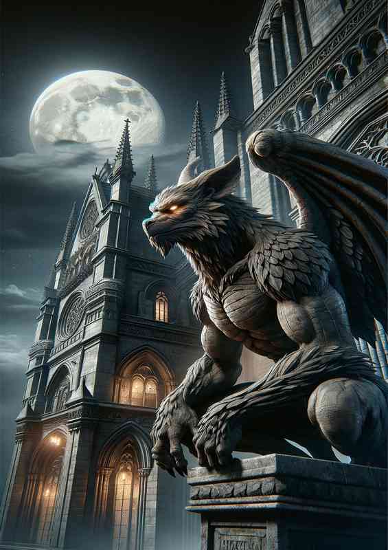 Envision a stoic gargoyle with detailed stone