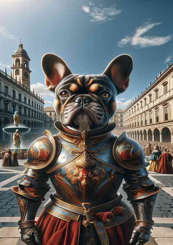 French bulldog warrior in a city square
