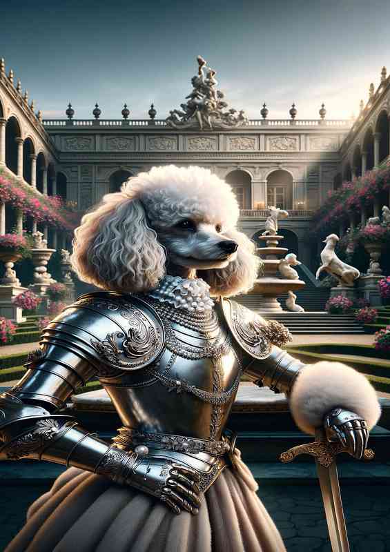 French poodle warrior elegantly poised in a lavish palace garden