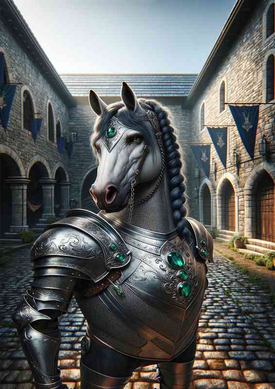Horse knight in a medieval courtyard