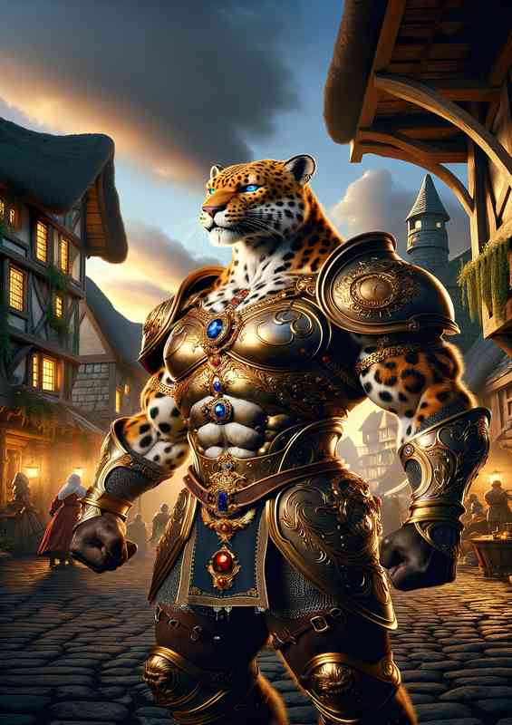 Leopard knight stands a medieval fantasy village