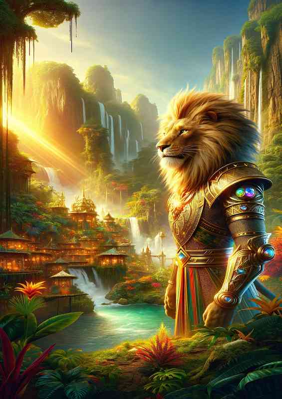Lion king standing with authority in a vibrant jungle