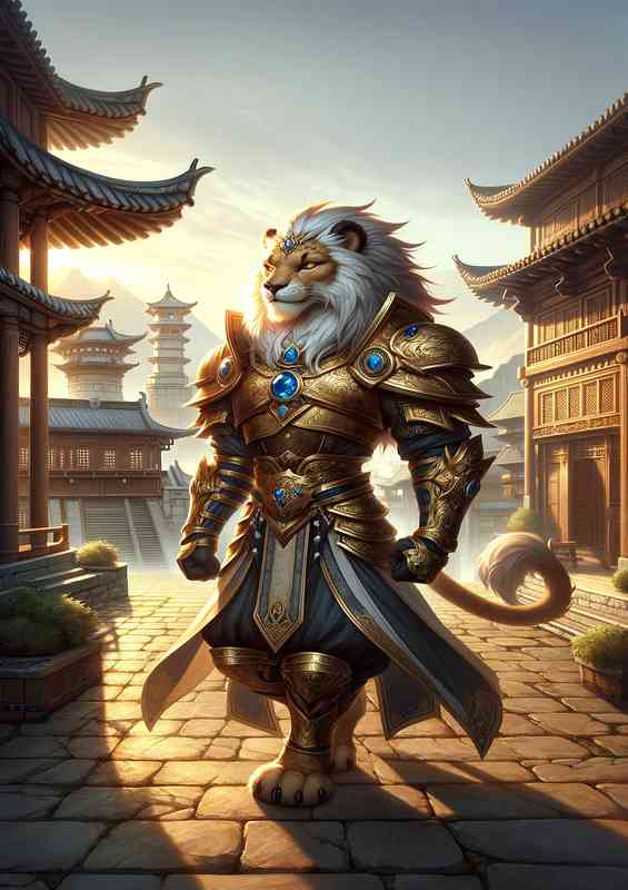 Lion warrior standing regally in an ancient Eastern city