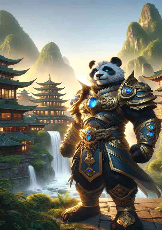 Panda warrior heroically in an ancient village