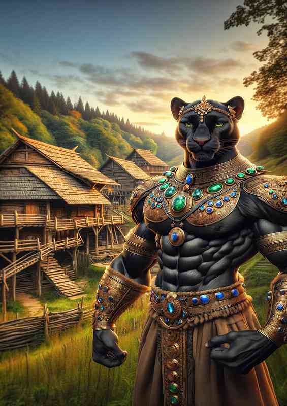 Panther warrior stands in front of an ancient wooden village
