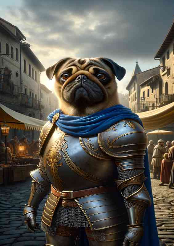 Pug dog proudly in a medieval town square