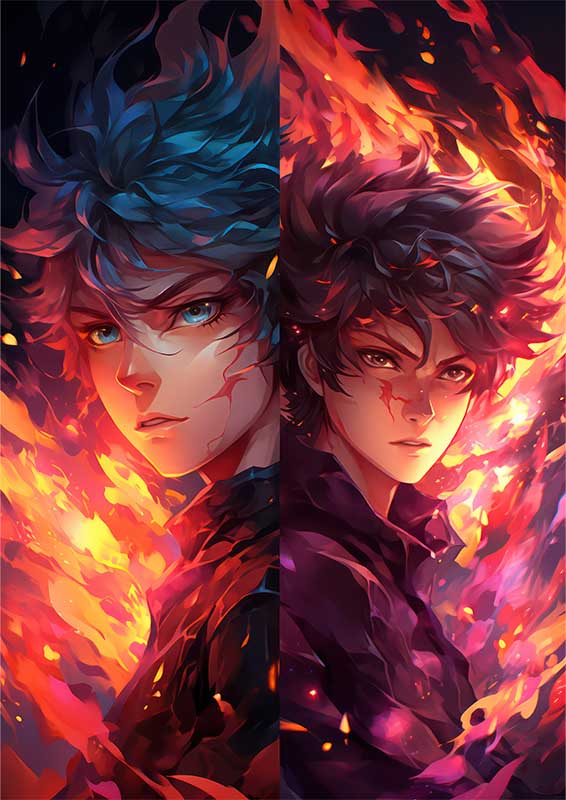 Anime of two boys with fire in the style of dark pink
