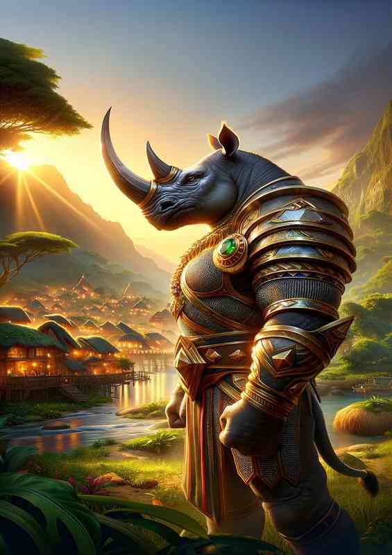 Rhinoceros warrior powerfully in a lush vibrant village at dusk