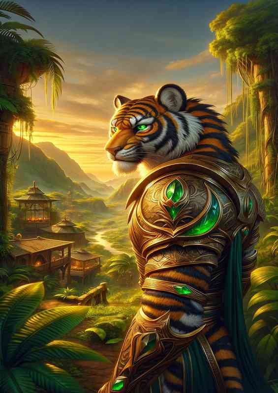 Tiger warrior poised nobly in a verdant jungle village