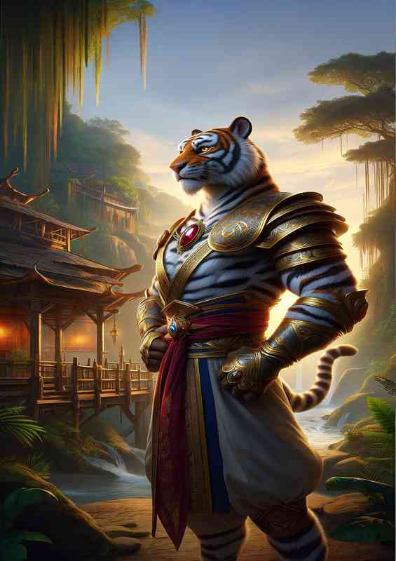 Tiger warrior standing pose in an exotic jungle village