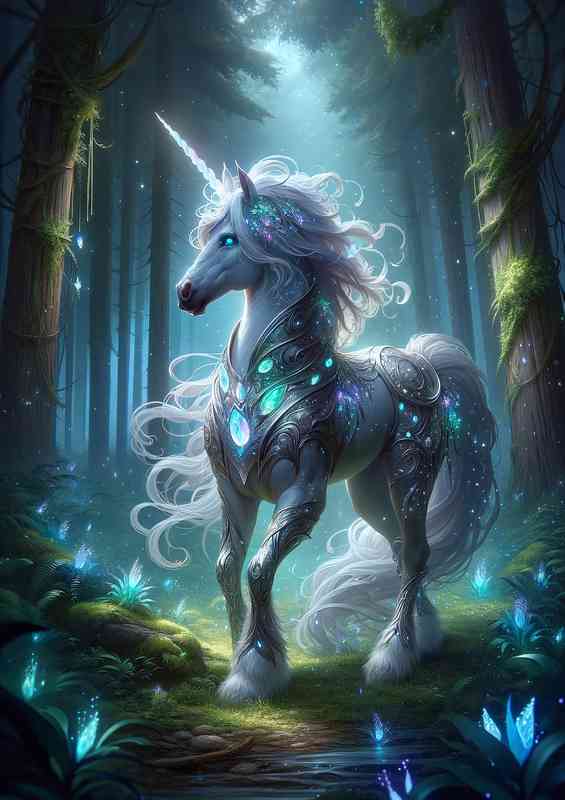 Unicorn warrior standing in a mystical forest glade