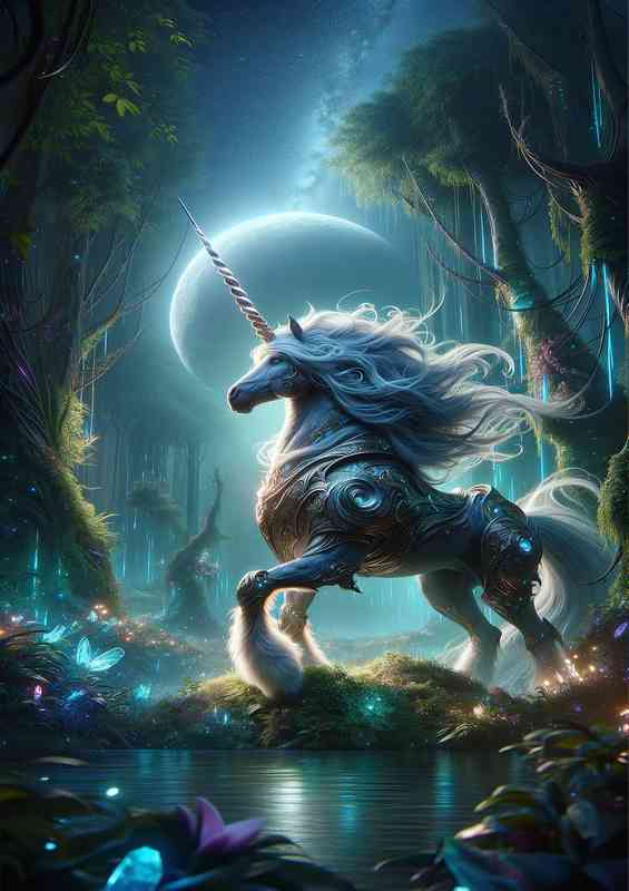 Warrior animal The scene features a majestic unicorn with a shimmer