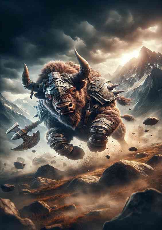 Warrior animal in a dynamic action pose a fierce bison