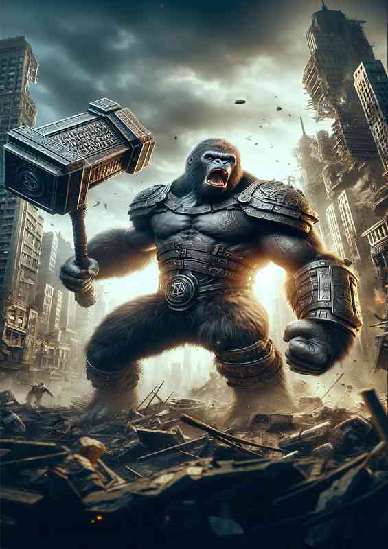 Warrior animal in a dynamic action scene Envision a powerful gorilla
