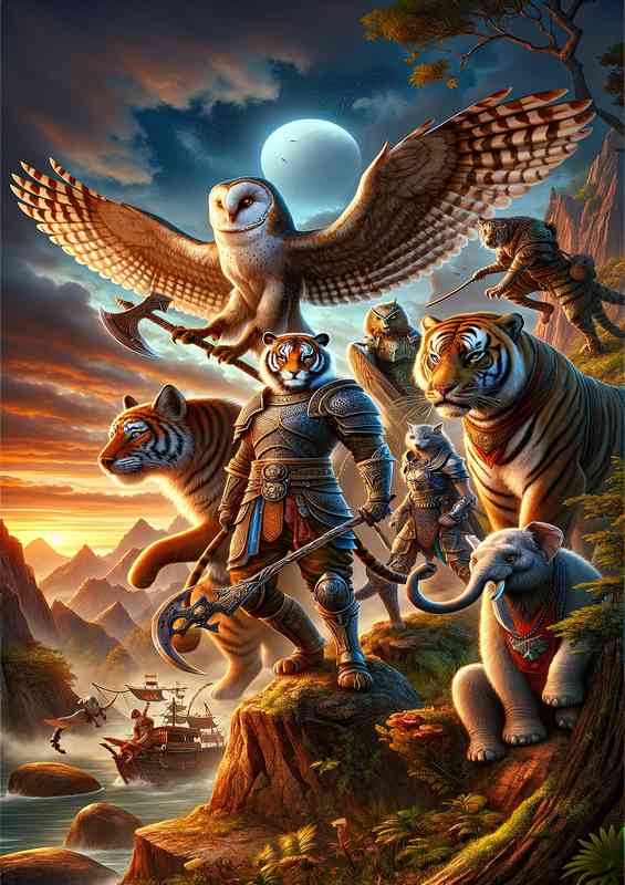 Warrior animals in a fantastic composition the owl and tiger