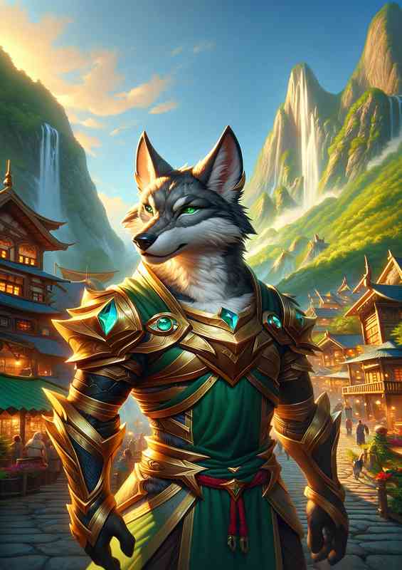 Wolf warrior standing confidently in a mountain village