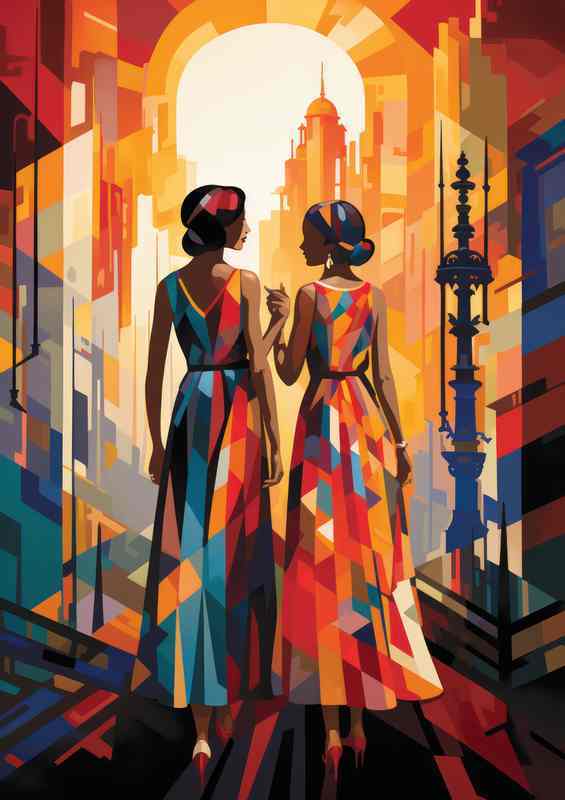 Featuring two young women in dresses ready for dancing