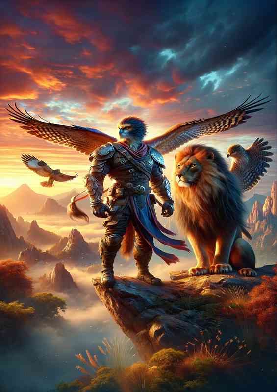 warrior animals lion eagle in a fantastic composition