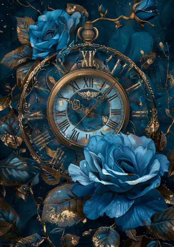 Blue clock rose with the words beauty and the rose