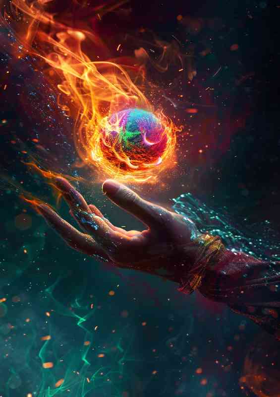Colorful fireball in the hand with flames