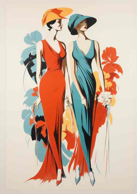 Ladies dressed in red and blue dresses vintage style
