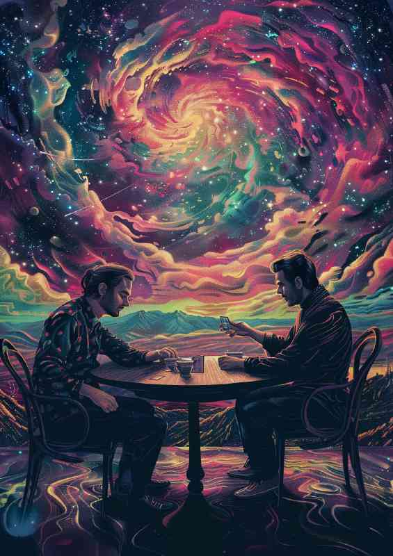 Men playing cards with the colourful sky