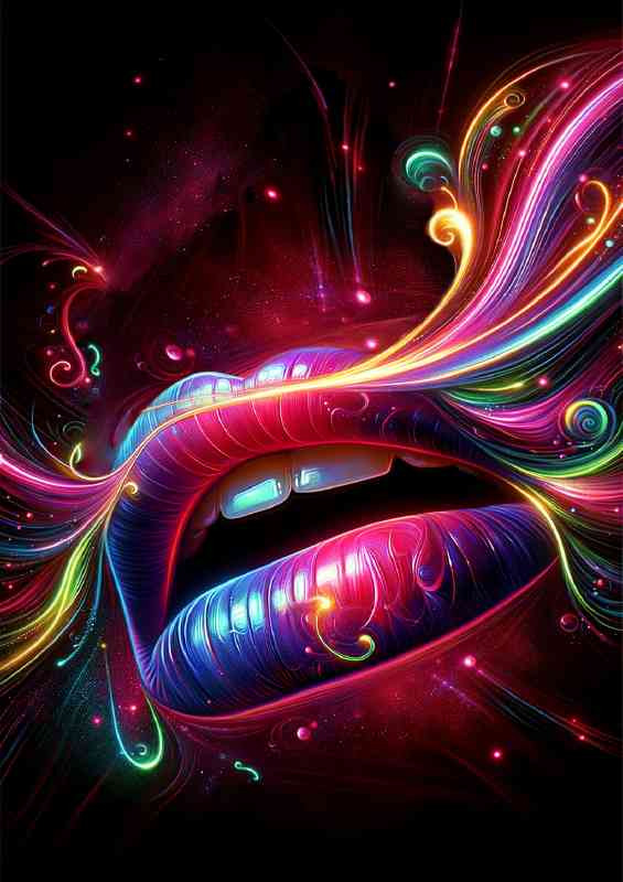 lips parting in a burst of neon colors and abstract design