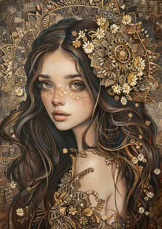 Beautiful woman with long hair wearing an intricate detail