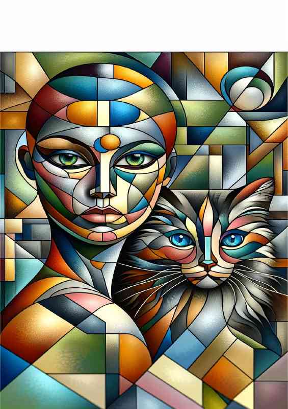 Deconstructing the forms of a woman and a cat into geometric shapes