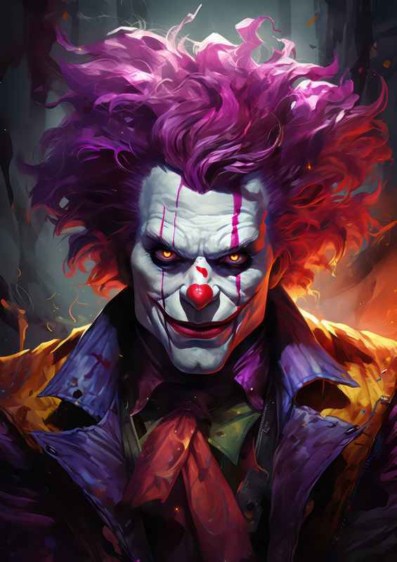 A Clown head with purple hair and red paint
