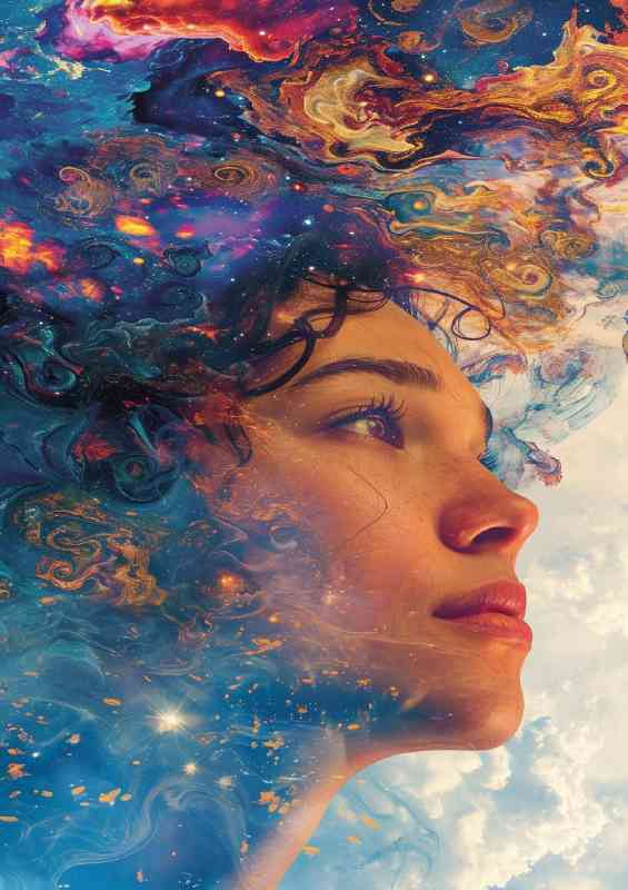 Painted style of a woman gazing into the sky
