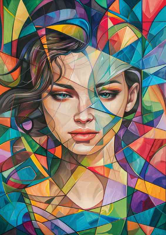 Woman is surrounded by colorful geometric paterns
