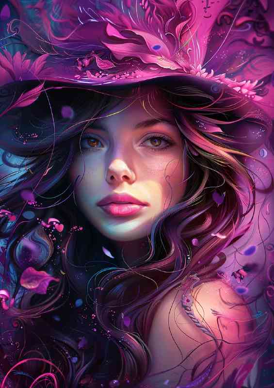 Woman with flowing hair made of petals and hat