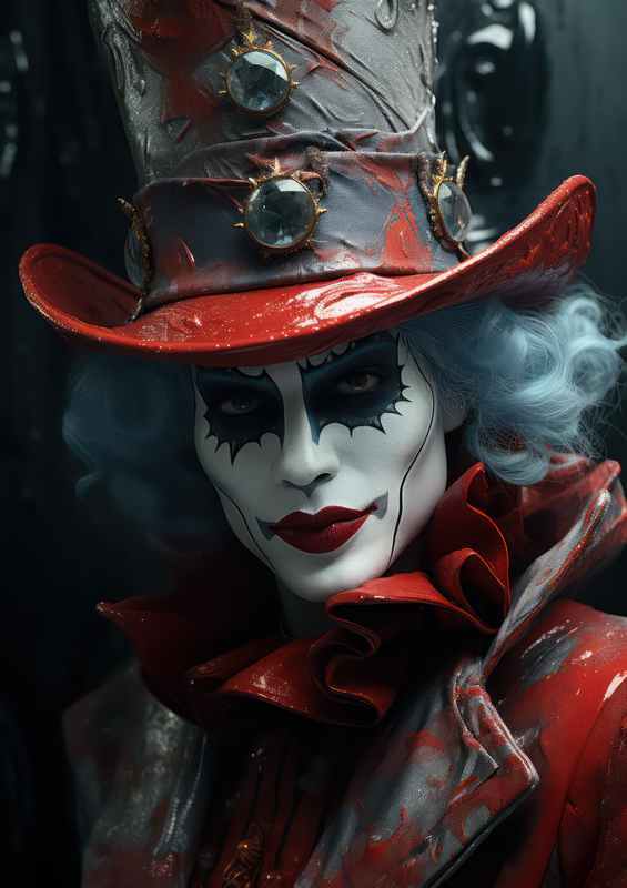 A clown in red makeup and a top hat looking