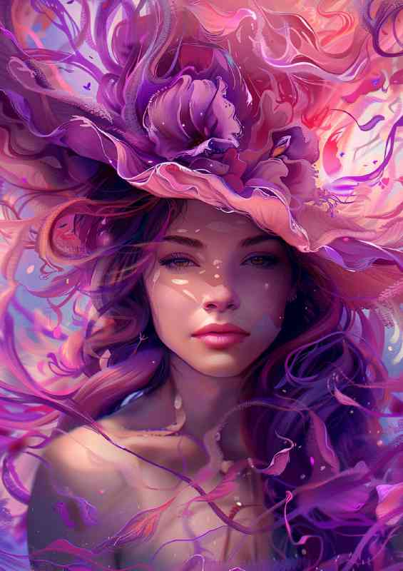 Beautiful flowing hair made of petals and purple hat