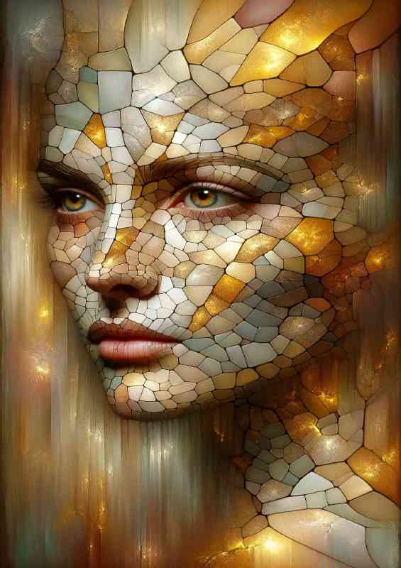 Entire face of a woman fragmented like a mosaic with golden veins