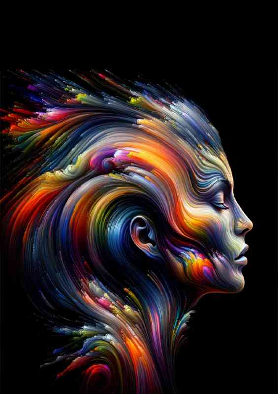 Human profile evolving into an abstract pattern of vivid
