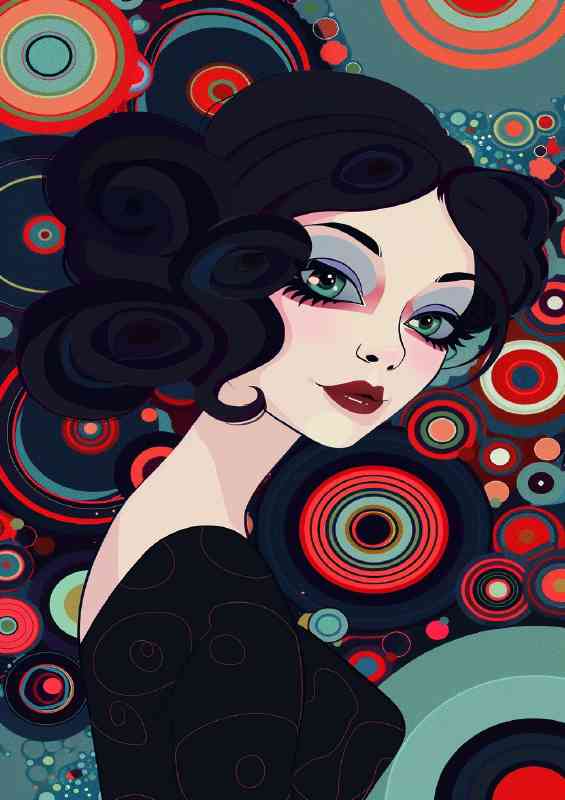 Woman with colorful circles in the style of abstract